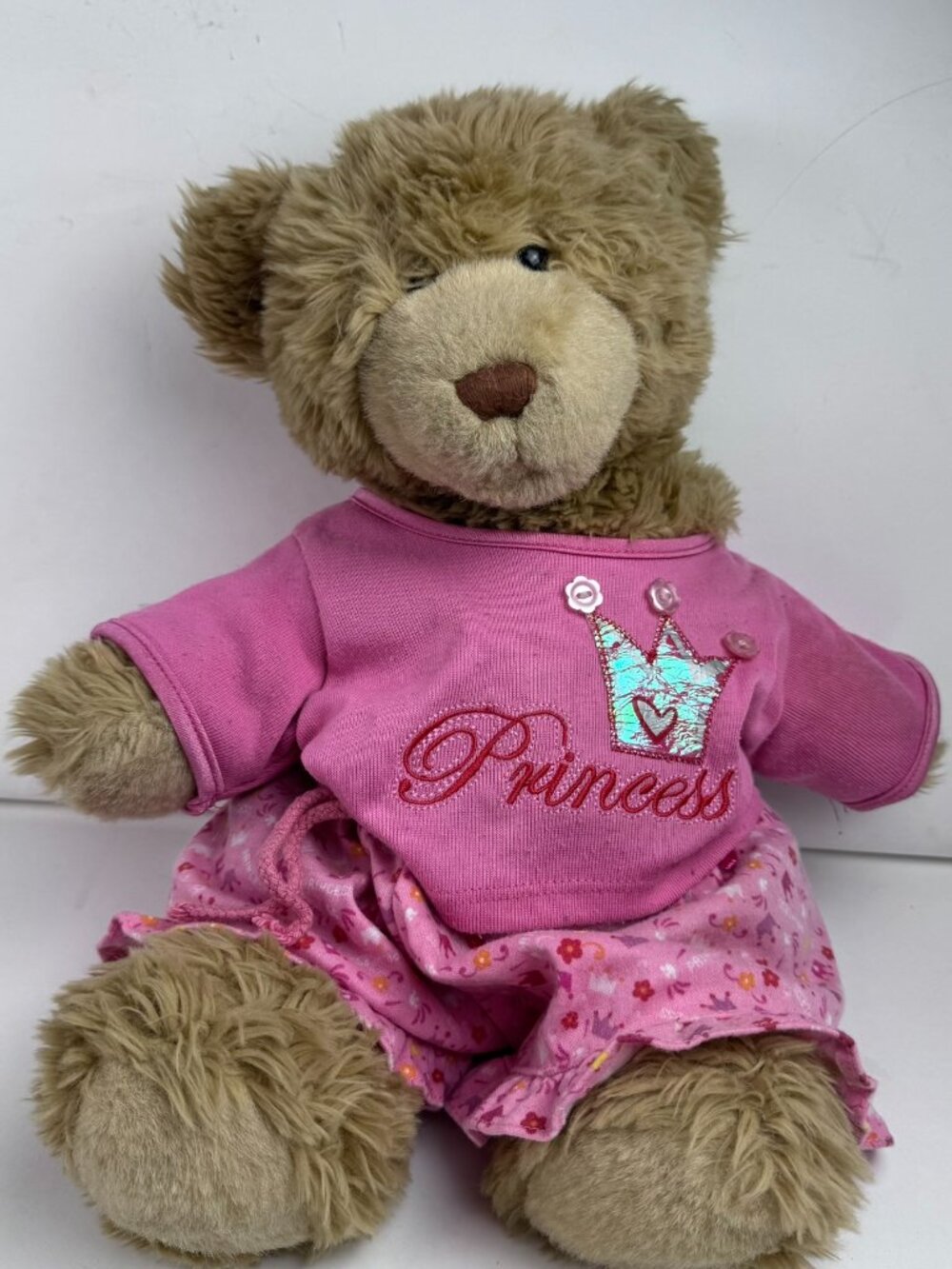 Build A Bear Workshop Brown Teddy Bear Plush 11" Pink Princess Crown Outfit